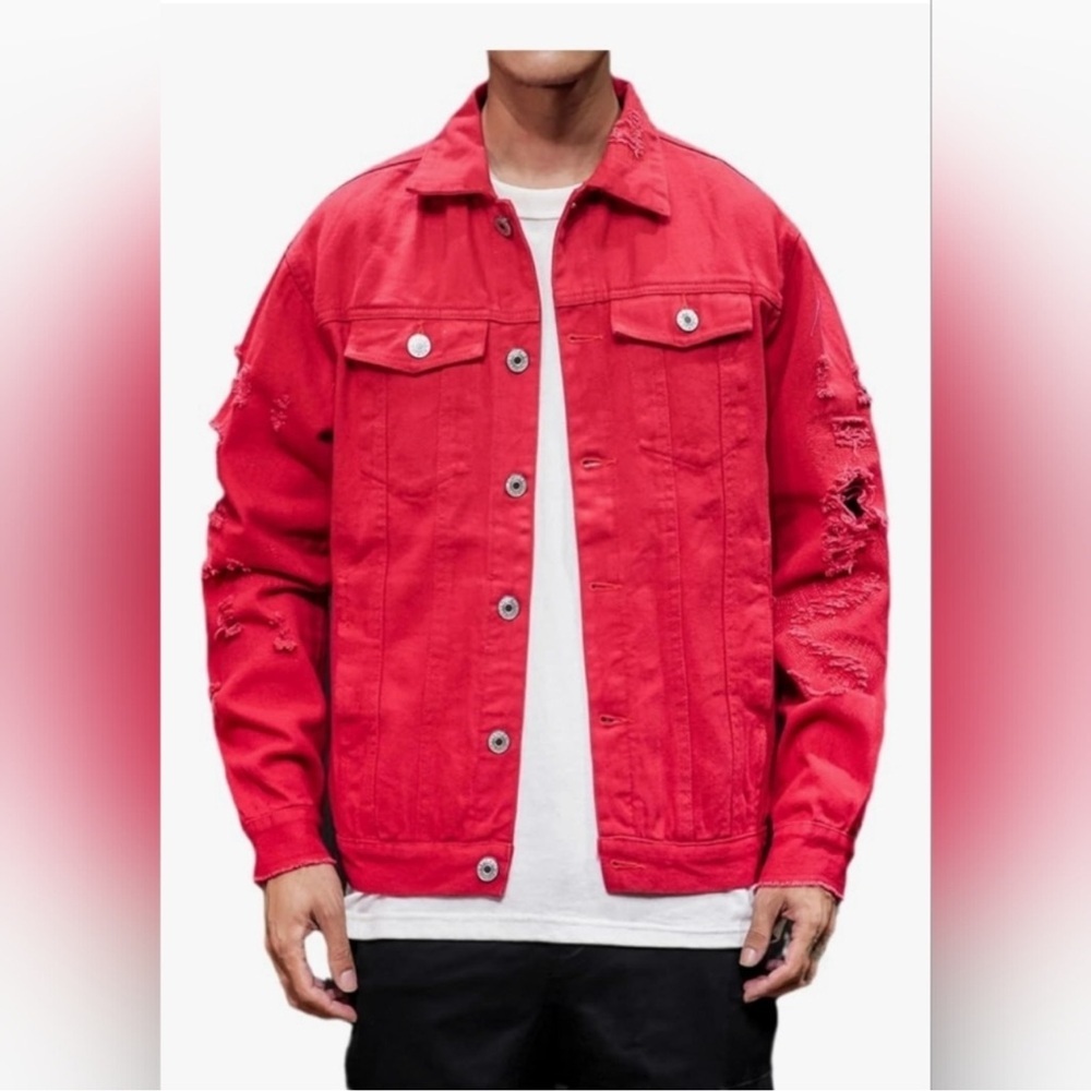 Men's Red Distressed Lightweight Shirt Jacket